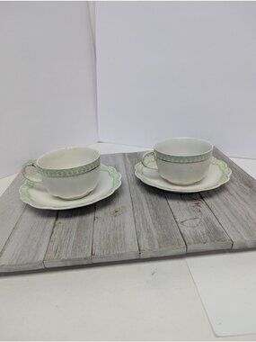 Johnson Bros Ruth #2 Cups & Saucers Set of 2 Green Gold Bone China